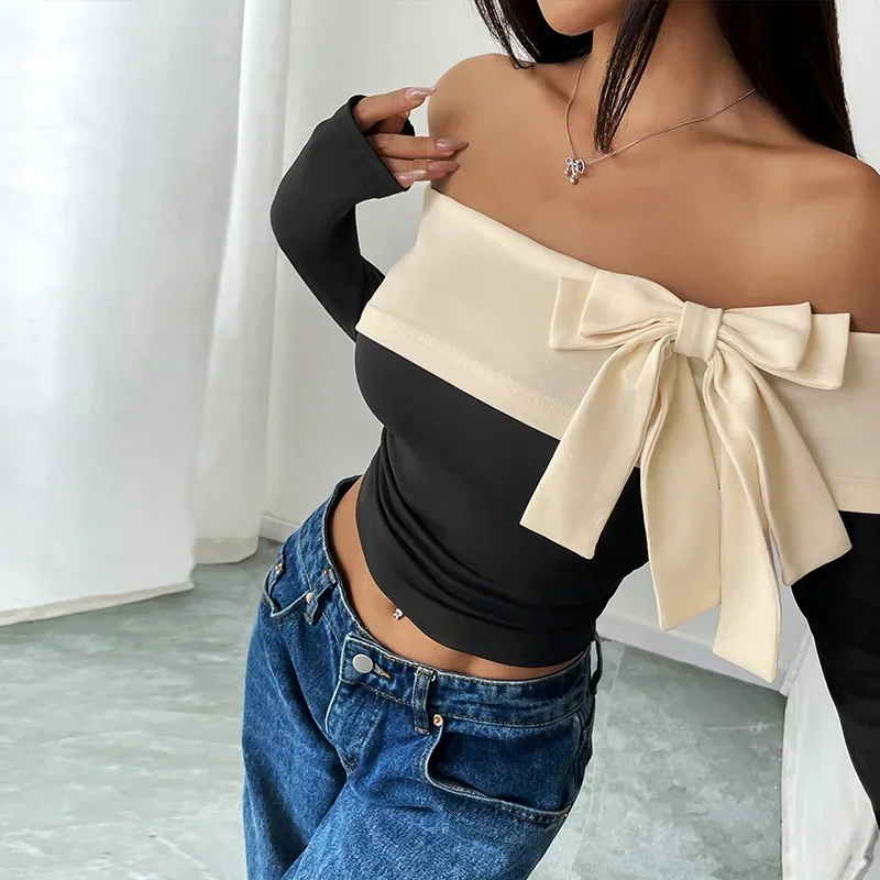 Fashion Shoulder Long Sleeve Cropped Top Bow Print T-Shirt Relaxed Fit Casual Daily Office Work Minimalist Chic Ladies Blouse