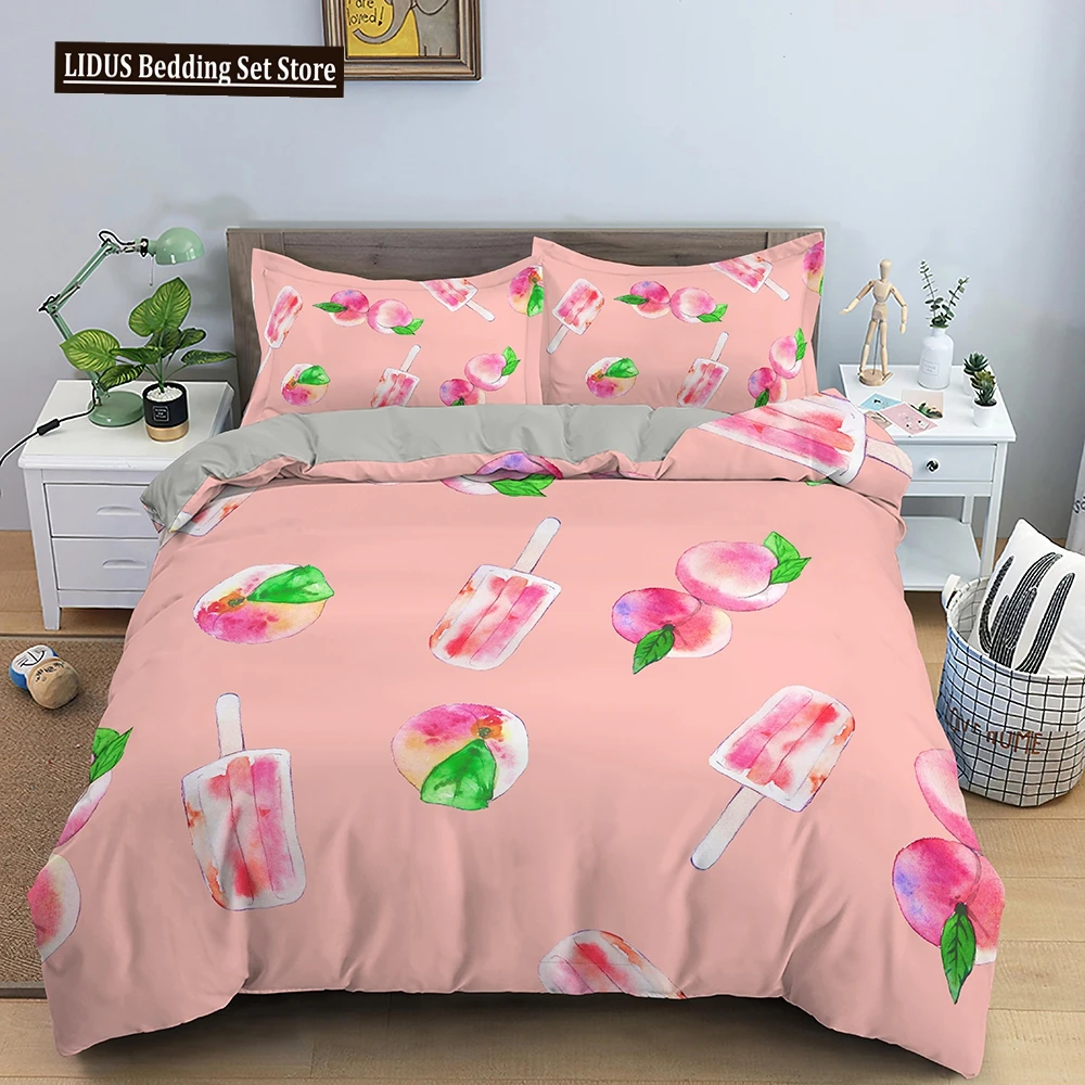 

Modern Bedding Set Floral Pattern Duvet Cover Bedroom 3D Polyester Comforter Cover Cute Peach King Size For Girls Women Gift