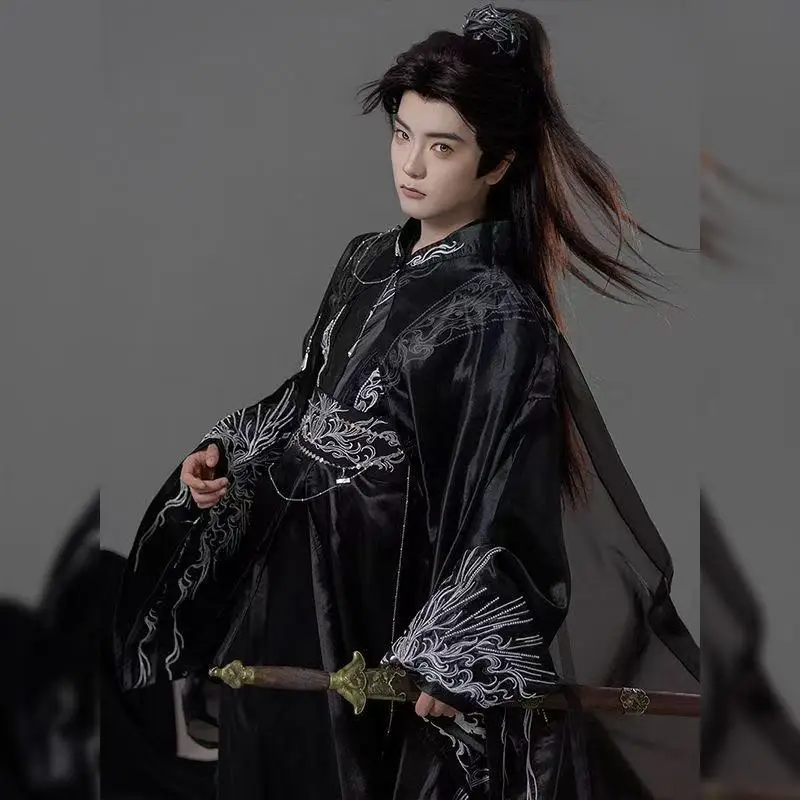 Halloween Black Woven Hanfu Men's Traditional Wei And Jin Dynasty Embroidered Suits Carnival Event Wuxia Cosplay Costume Hanfu