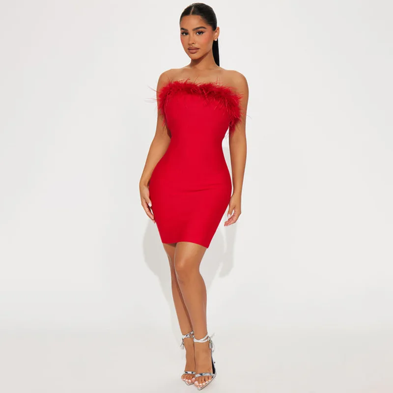 Sexy Veren Trim Bustier Bodycon Dr Dames Faion Grensoverschrijdende Eendelig Mid-Taille Fluwelen Stof Thi Zomer Dr