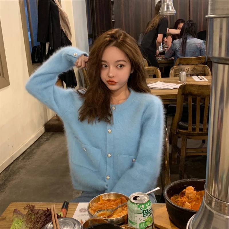 

Korean Autumn Winter New Imitation Mink Velvet Elegant Cropped Cardigan Knitted Sweater Coat Women Y2k Loose Lady Pink Cardigan