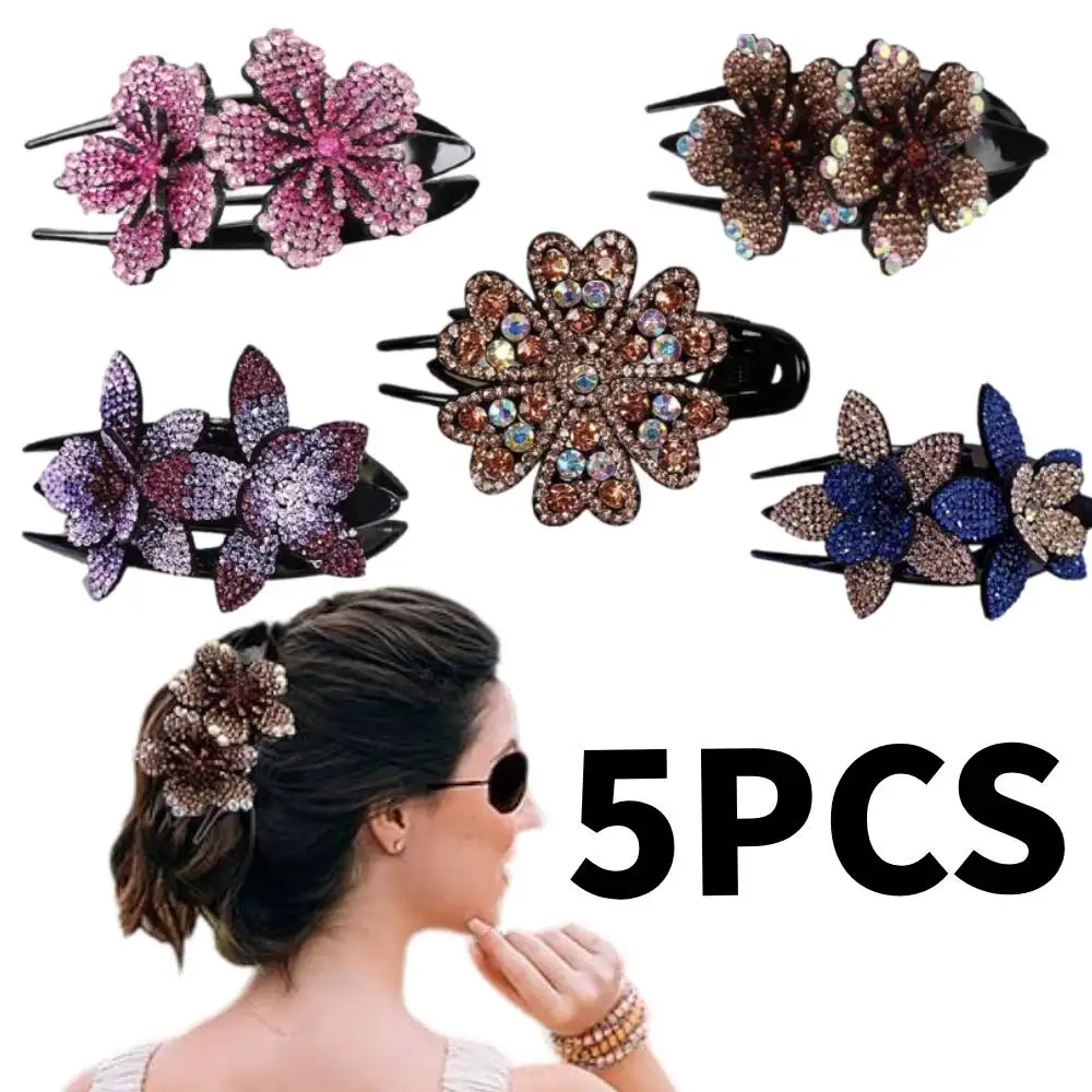 

[5 шт.] Блестящие заколки для волос в форме ласточки с двойным цветком, элегантные заколки для женщин, модные аксессуары для волос для женщин