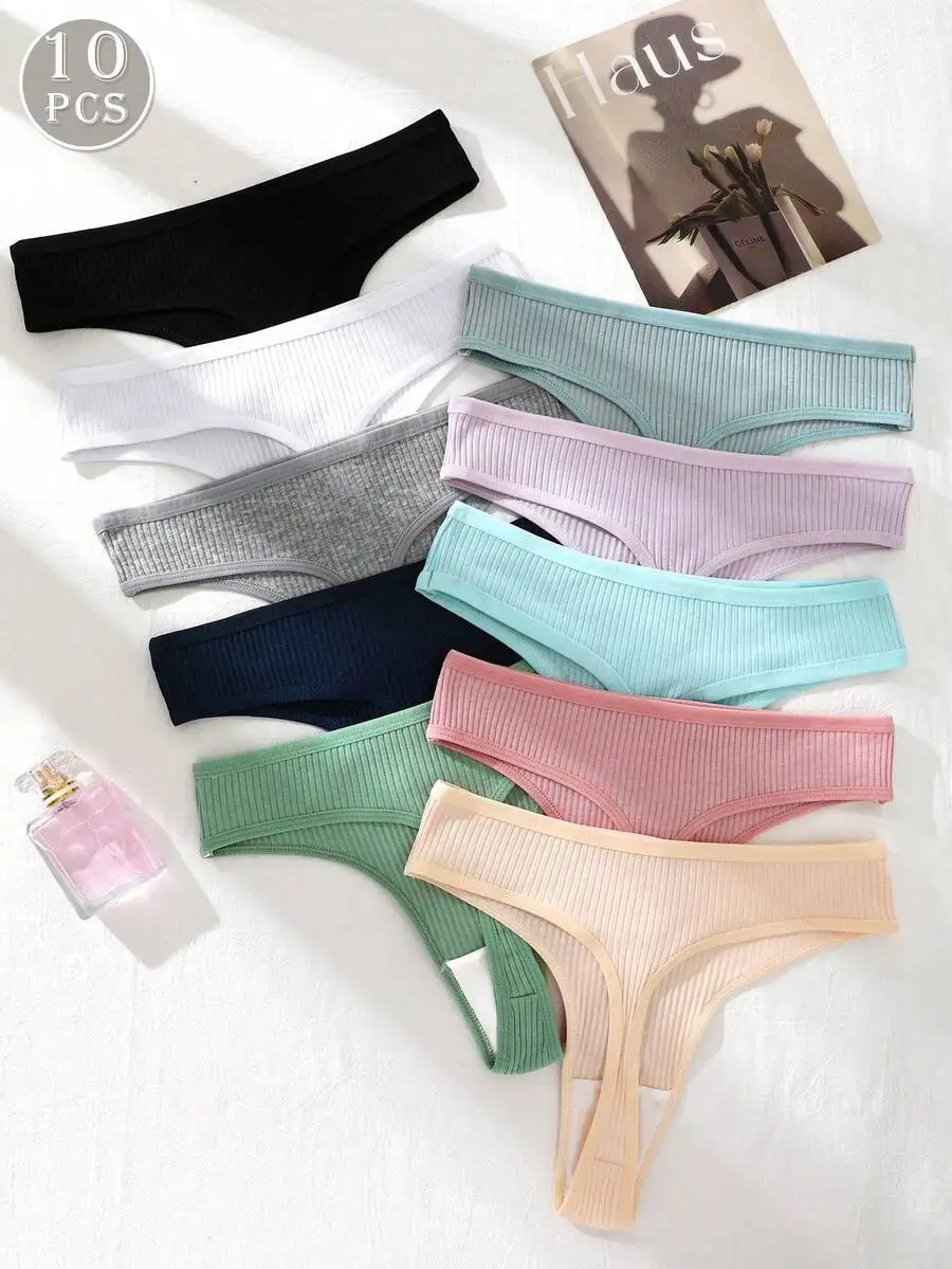 

10pcs Seamless Ribbed Thong Panties Women Underwear Set Comfortable Lingerie Solid Color