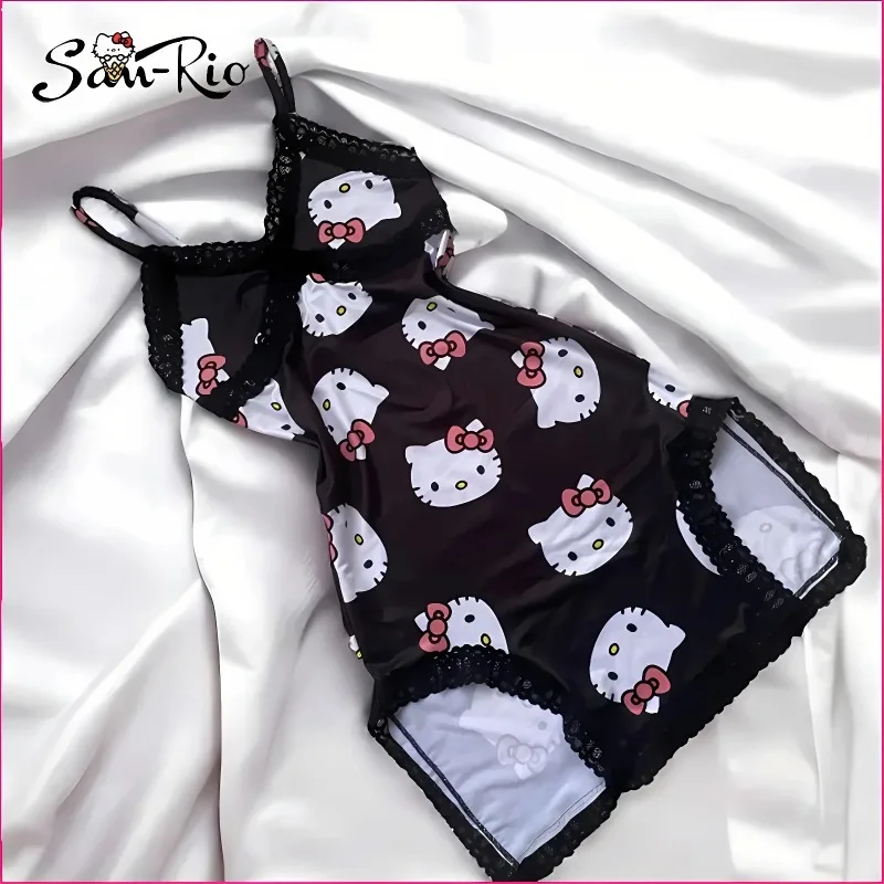 Sanrio New Cartoon Character Hello Kitty Kawaii Women\'s Home Hollow Tulle Clothing Sexy Suspender Dress Indoor Pajamas Gift