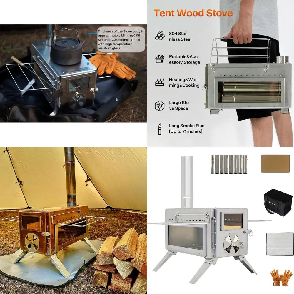 Estufa de leña portátil para acampar con cristal de visualización, 8 chimeneas de acero inoxidable para cocinar y calentar al aire libre