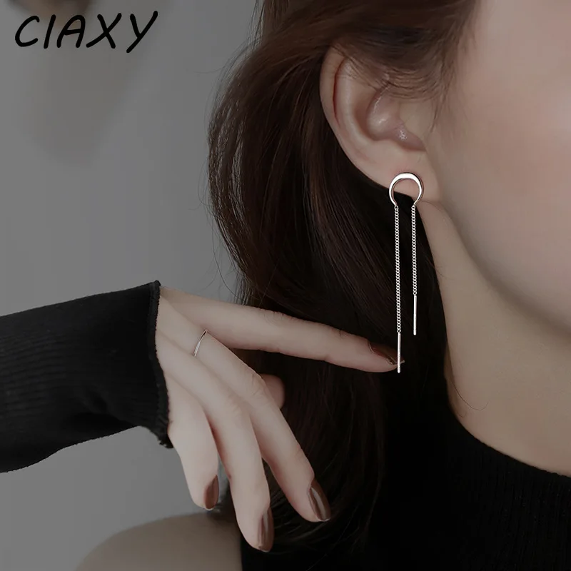 CIAXY Silver Color Moon Crescent Arc Chain Earrings for Women Korean Long Tassel Ear Line Rear Hanging Two Wear Ear Jewelry