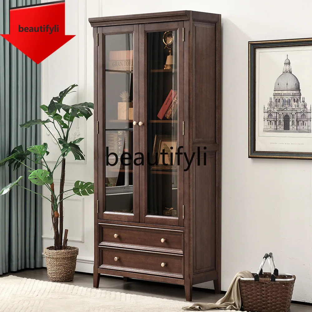 

H50 Книжный шкаф из цельного дерева в американском стиле для гостиной, настенный двухдверный винный шкаф, небольшая квартира, кабинет со стеклянной дверью