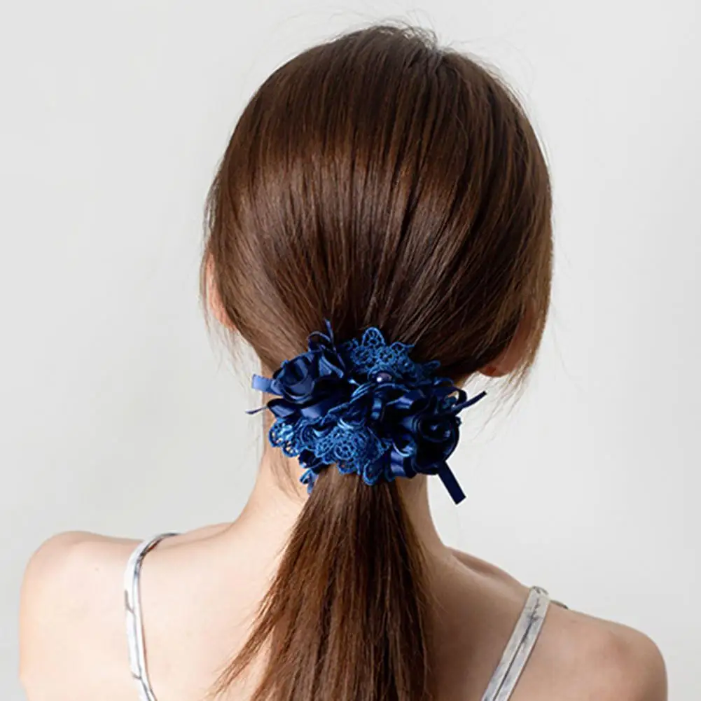 Attractive Bun Hair Ring Faux Pearls Stretchy Headwear Lace Flower Girls Hair Scrunchy