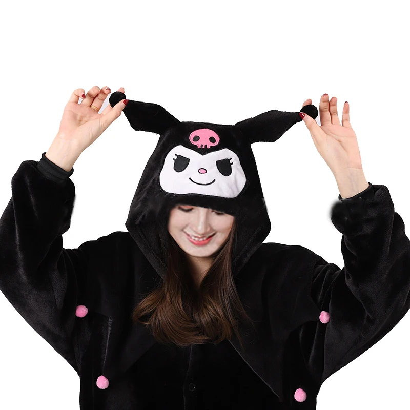 Kuromi Kigurumi Women Onesies Anime Pajamas Cartoon Clothes For Adults Boy Girls Full Body Pijamas Flannel One-Piece Bodysuit