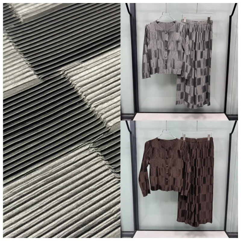 Miyake Pleated Pants Set Plisse 2026 Retro Classic Plaid Jacquard Pleats Two-Piece Set Autumn New Casual Fold Set Fashion Women