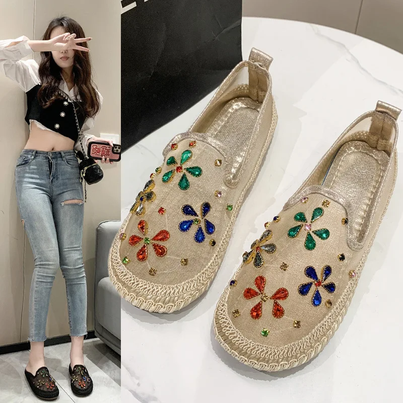 Soft Shoes Woman Flats Casual Female Sneakers Shallow Mouth Flax Slip-on Crystal Round Toe Dress Linen Slip On Rhinestone Knitti