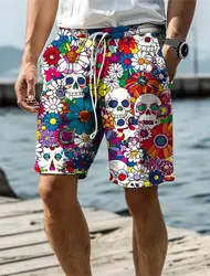 Bañador con estampado 3D de calavera y flores para hombre, pantalones cortos con cordón de cintura elástica, Estilo Hawaiano, para vacaciones y playa, 2024