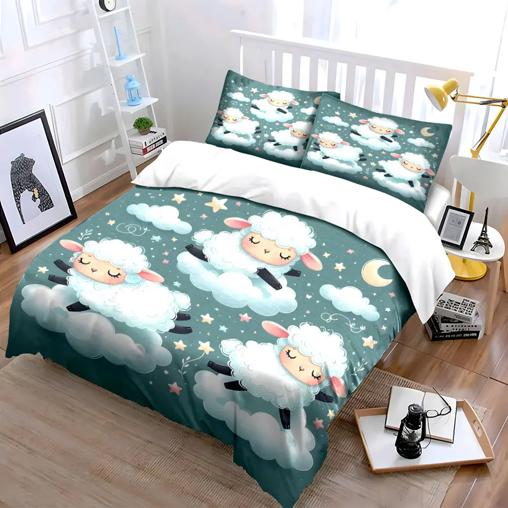 Dreamy Cloud-Jumping Sheep Duvet Cover Set with 3D Printing Design Soft Polyester Bedding Set All-Season Comfort for gifts