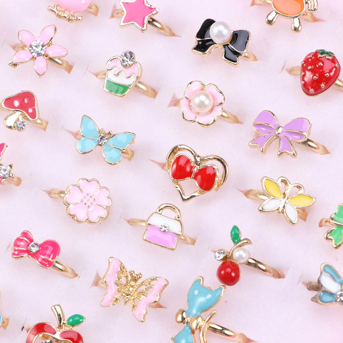 12/36 Pcs Adjustable Alloy Baby Girl Rings with Heart Shaped Box Cartoon Mix Finger Jewellery Rings Kid Girls Toys Random Color