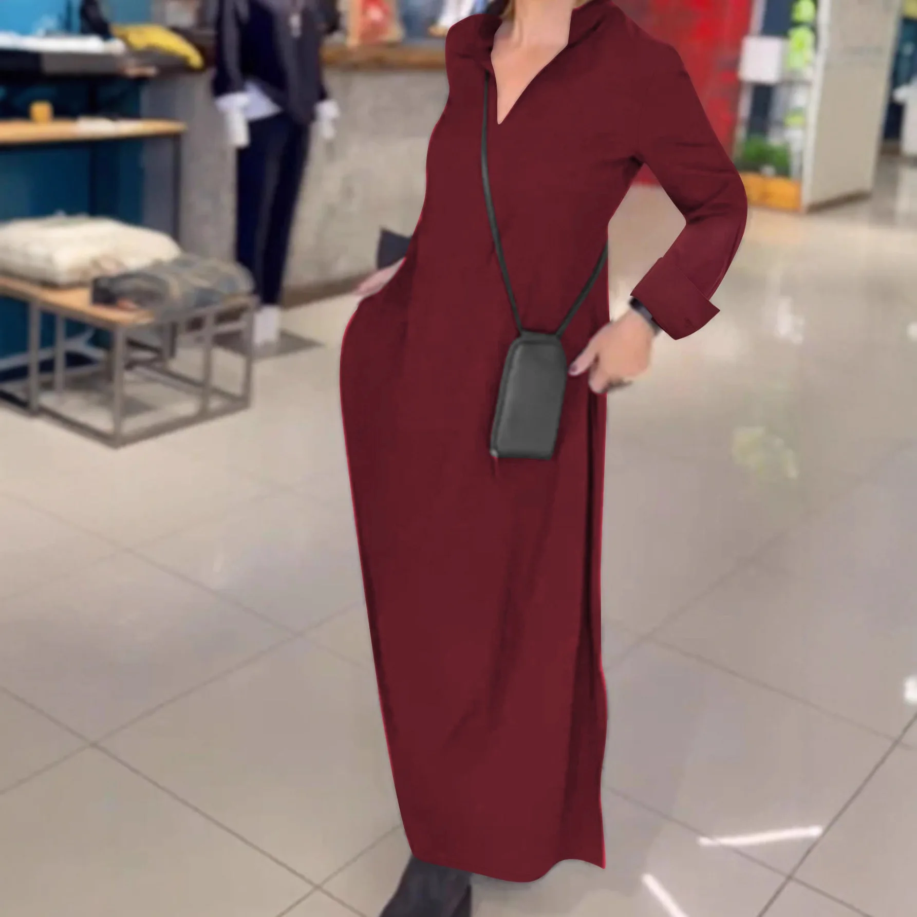 فستان ماكسي أوروبي وأمريكي عبر الحدود وبسيط وأنيق بلون سادة وياقة بولو للخريف والشتاء بأكمام طويلة على شكل حرف V #4