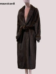 Mauroicardi Winter Long Thick Warm Brown Skirted Faux Mink Fur Coat Women Shawl Collar Sashes Elegant Luxury Furry Overcoat 2025