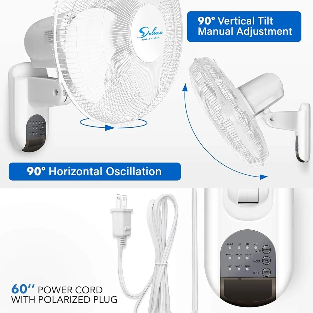 16インチ壁掛け扇風機 リモコン付き 首振り 3段階風量調節 タイマー機能 垂直チルト 静音 空気循環 家庭 オフィス ガレージに最適
