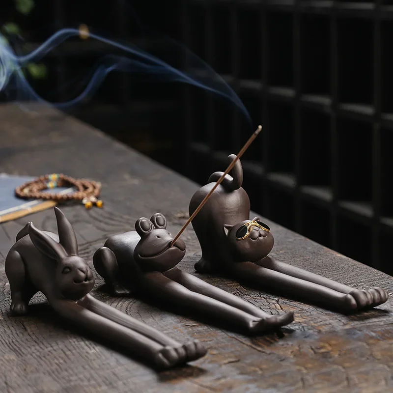 Creative Animal Frog Rabbit Cat Kangaroo Ornament Purple Clay Incense Stick Holder, Aromatherapy Home Decor Censer -No Incense
