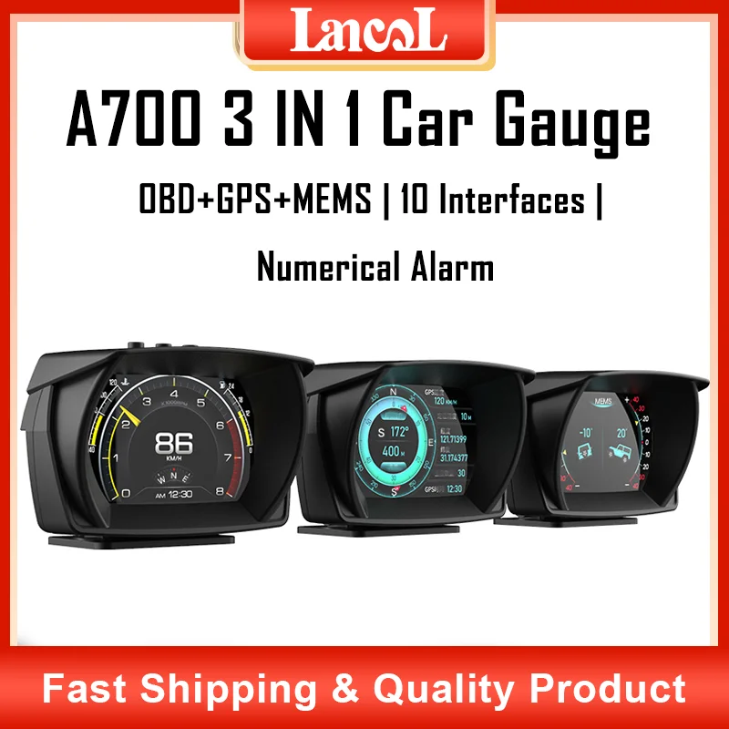 

A700 Head Up Display Auto Gauge GPS+OBD+MEMS HUD Car Computer Speedometer Incline Meter with LCD Display Car Accessories