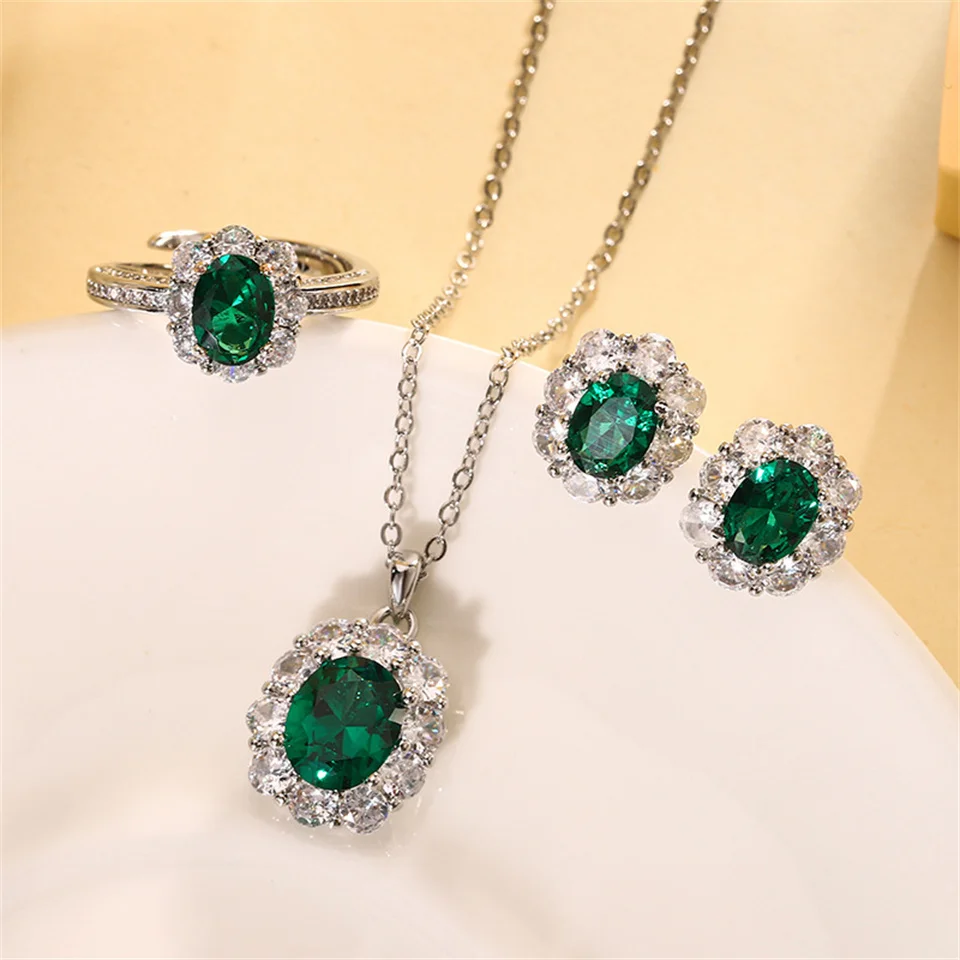 

Emerald Retro Jewelry Set Jewelry Gifts Oval Emerald Ring Necklace Earring Set Luxury Diamond-Encrusted Stainless Steel Jewelry