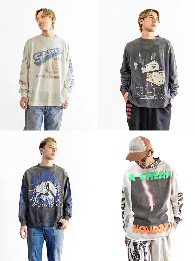 Vintage Washed American Style Long Sleeve Loose T-Shirt Unisex Trendy Brand Cotton Comfortable Breathable Long Length