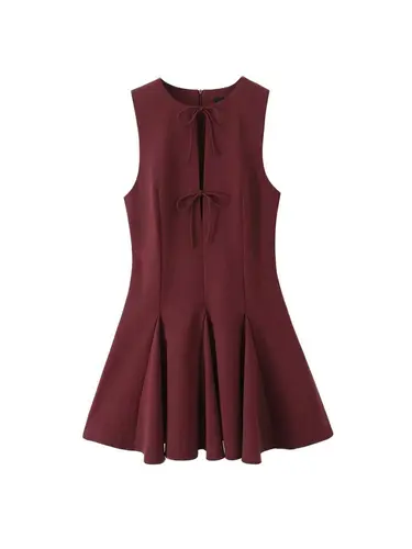 Imagen 2 del producto Minivestido sin mangas con cuello redondo y lazos para Mujer, dobladillo Godet con cremallera trasera, Vestidos de moda para Mujer