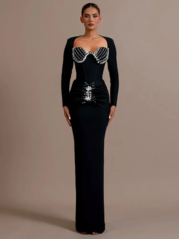 2025 Women Celebrity Sexy Long Sleeve Beading Ruffles Black Maxi Long Bodycon Bandage Dress Elegant Evening Club Party Dress