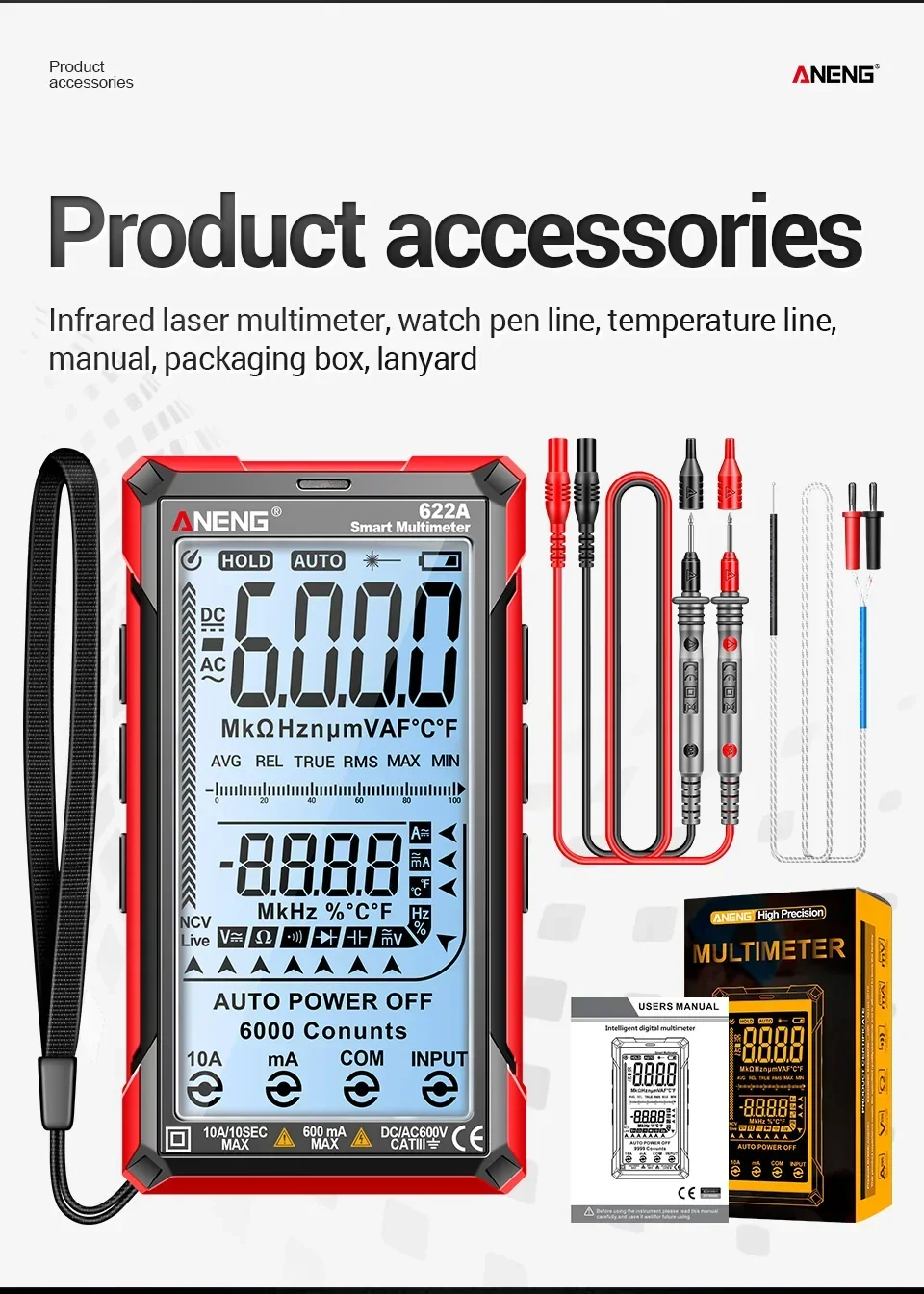 ANENG 622A/622B Smart Digital Multimeter AC/DC Spannung Strom Kondensator Widerstand NCV Spannung Induktion Infrarot Laser Tester – Detail 20