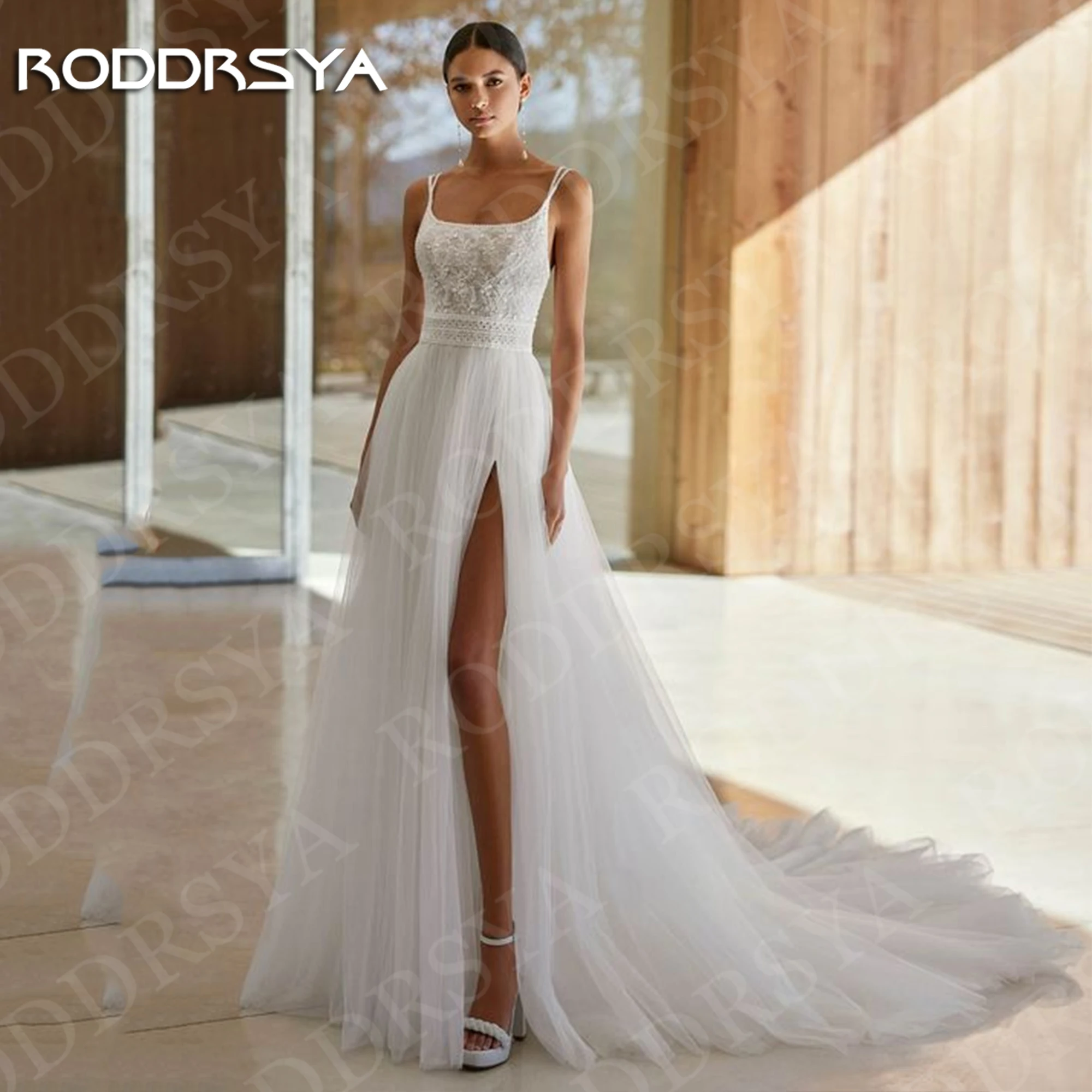 

RODDRSYA A Line Wedding Dress Tulle Backless Elegant Square Collar Lace Appliques Split Bridal Gown Customized Spaghetti Straps