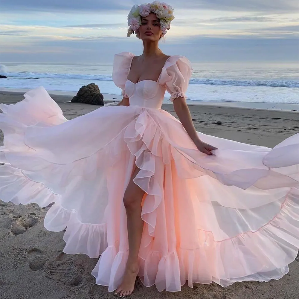 Sevintage Pink Organza High Side Split Wedding Dresses Ruffles Short Sleeves Beach Bridal Dress Custom Made Tiered Wedding Gowns