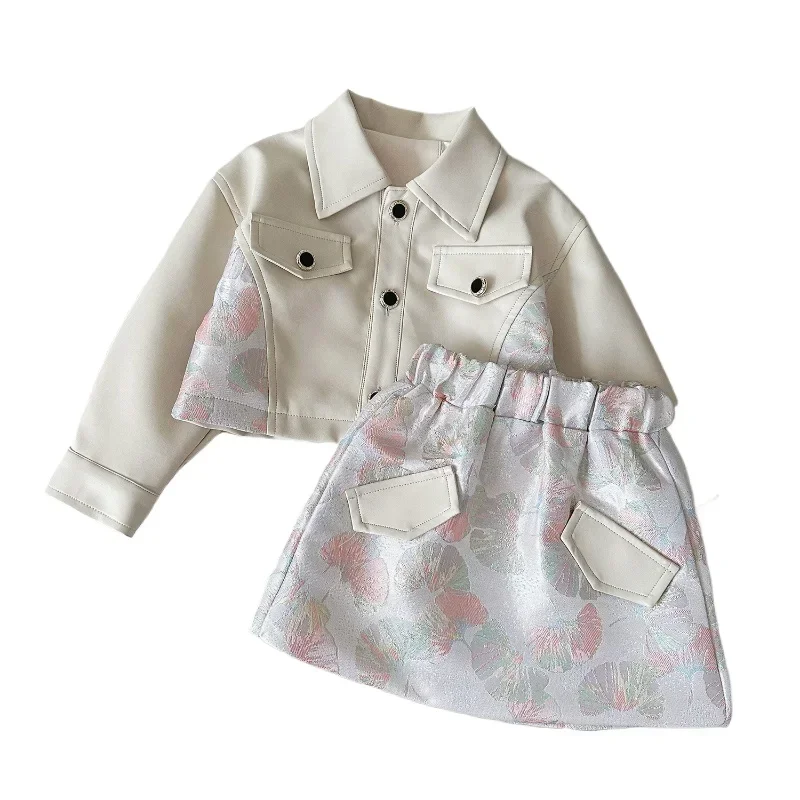 

New Korean Edition Girls' Printed Leather Coat + Skirt Two-piece Set Girl Clothes 2-7 Girls' Leather Suit Autumn