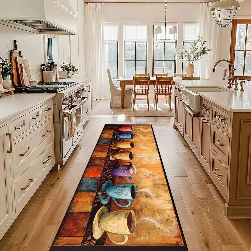Colorful Ceramic Coffee Cups and Coffee Bean Prints Are Suitable for Kitchen Long Carpets in Dining Halls and Corridors