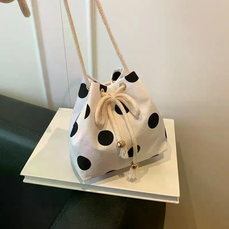 Polka Dot Nylon Drawstring Crossbody Bag Soft Lightweight Adjustable Strap Fashion Shoulder Purse for Women Shopping