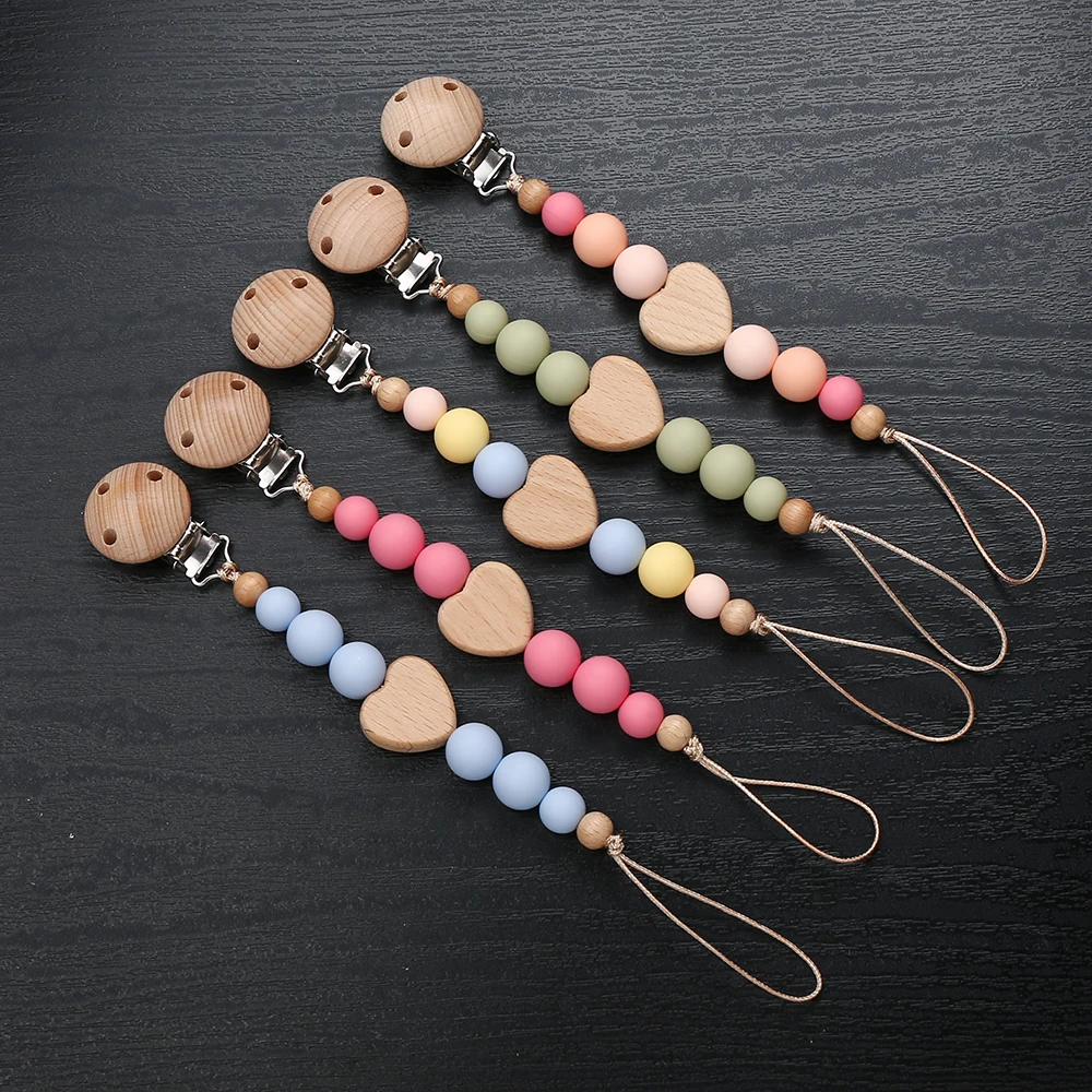 New Beech Wooden Heart Beads Baby Pacifier Chain Clip Silicone Beads Dummy Nipple Holder Teether Pendant for Newborn Toys Gift