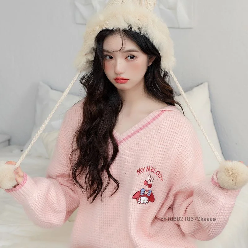 Sanrio Kuromi Pom Pom Purin My Melody Cinnamoroll Knitted Sweater College Style Soft Cute Sweet Embroidered Navy Collar Pullover