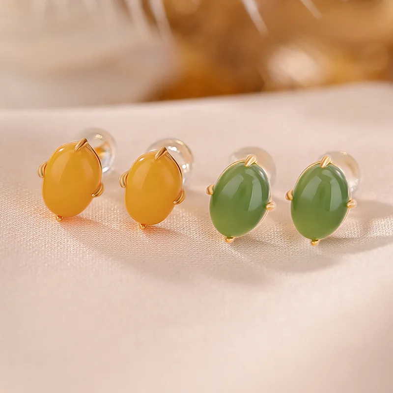 S925 Sterling Silver Gold-Plated Hetian Jade Jasper Amber-Cut Earrings Elegant Ear Jewelry
