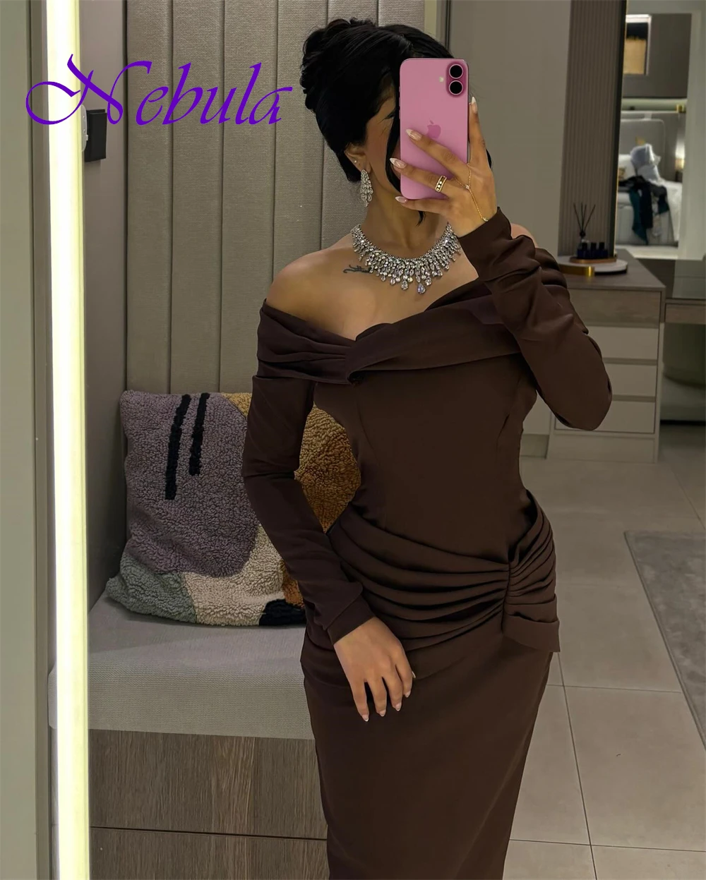 تخصيص مزاجه قارب الرقبة مساء اللباس حساسة جيرسي طويلة الأكمام فستان العودة للوطن الحديثة زيبر الظهر فستان الحفلة الراقصة