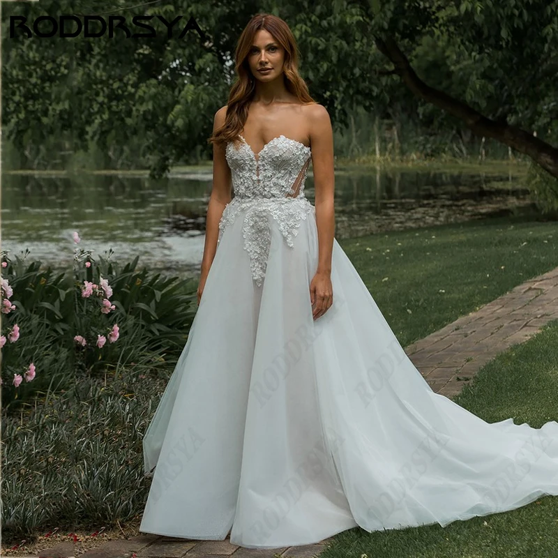 RODDRSYA-Vestido De novia De encaje sin tirantes, prenda elegante con estampado 3D romántico, línea A, ilusión De fiesta, botón, espalda descubierta-Vestido De novia De encaje sin tirantes, prenda elegante con estampad