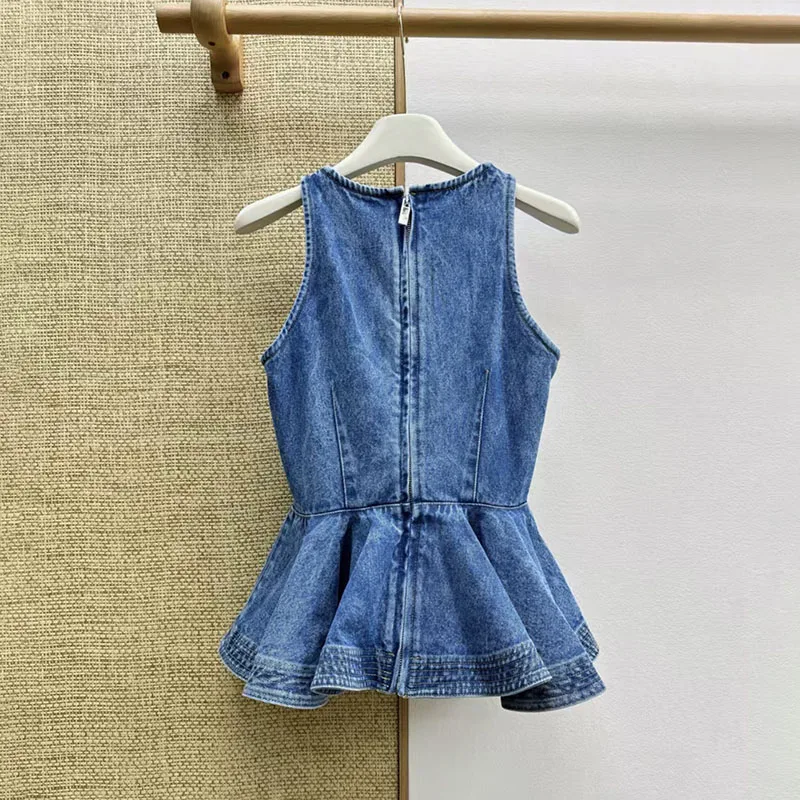 Women's vest New summer 2026 ruffled slim fit sleeveless top pure cotton round neck tanks top Retro washed denim vest y2k Corset