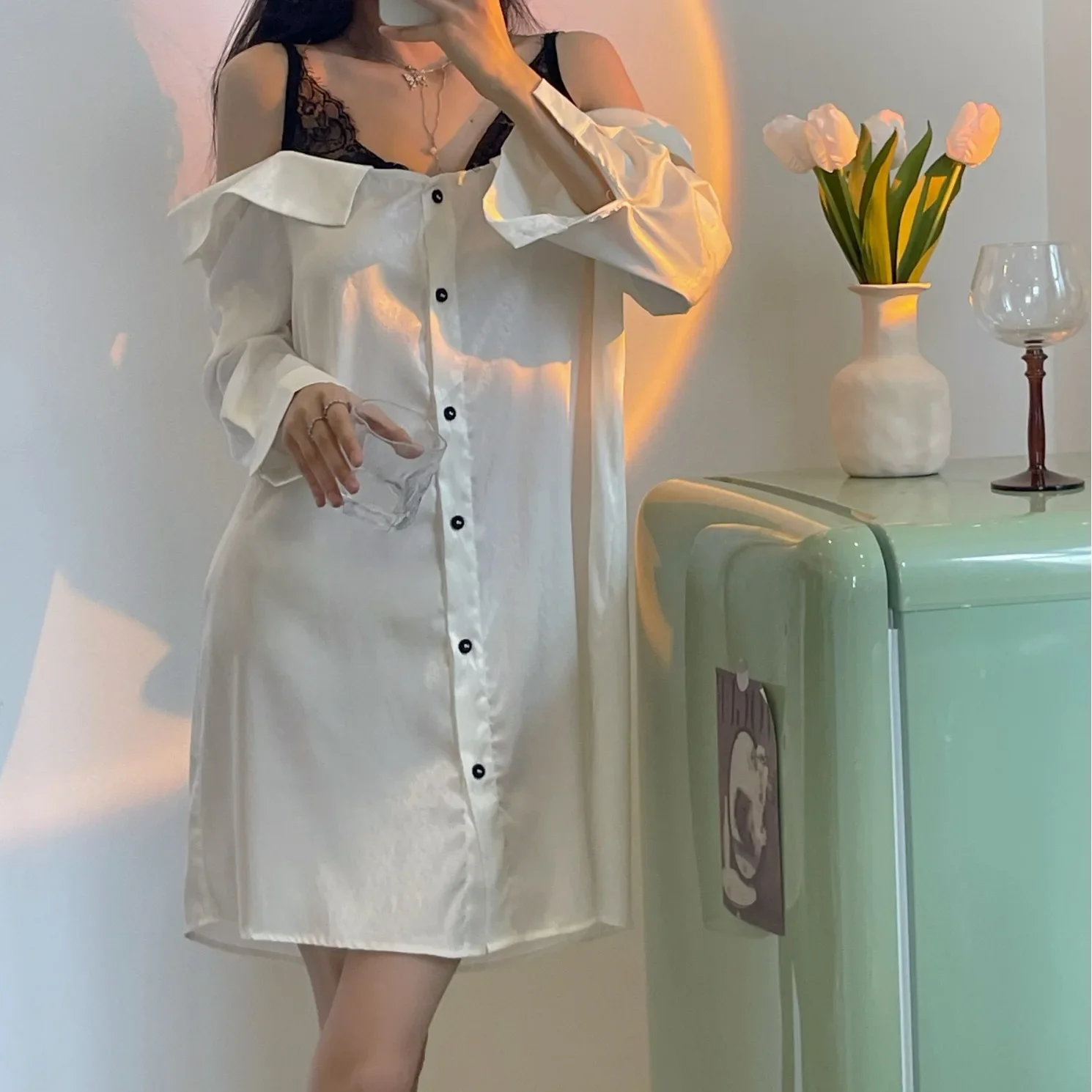 Spring Summer Female Sleepshirt Sleepwear Sexy Off Shoulder Nightgown Intimate Lingerie Loose Casual Satin Long Sleeve Home Wear