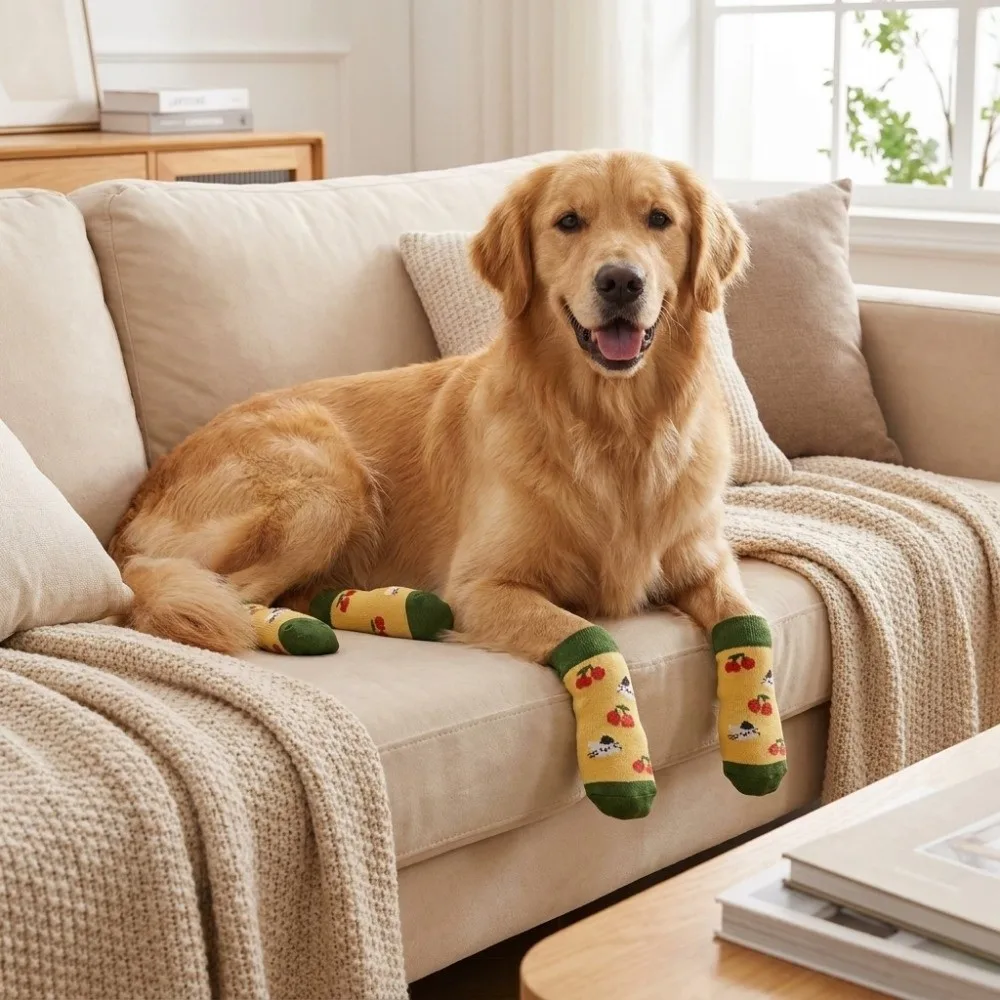 4PCS Breathable Anti-Slip Dog Socks Dirt-Resistant Wear Resistant Dog Shoes Cartoon Adjustable Dog Foot Covers for Dogs Cats