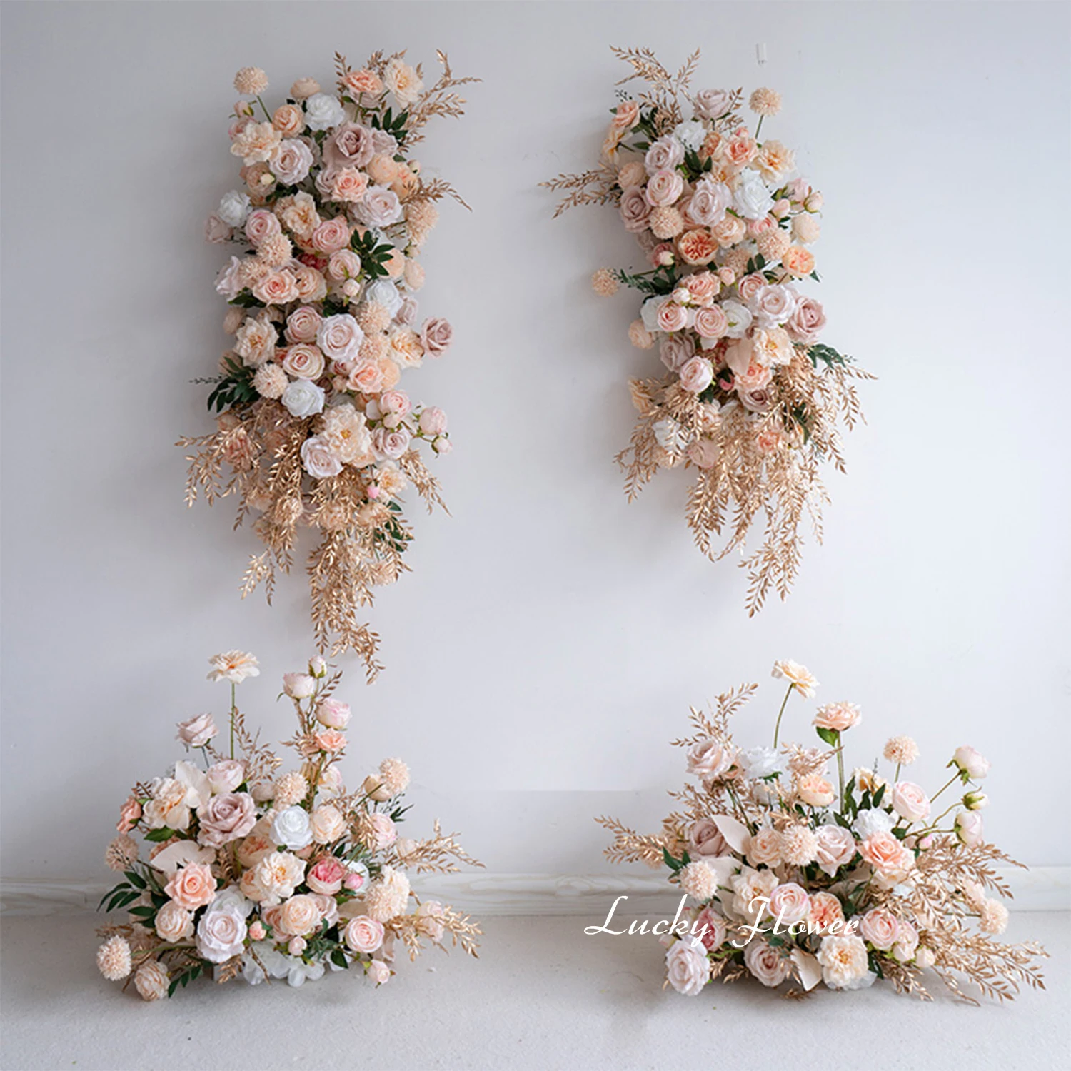 

Luxury Gold Leaf Campagne Rose Artificial Flower Ball Road Lead Decor Hang Flower Row Floral Backdrop Arrangement Party Props