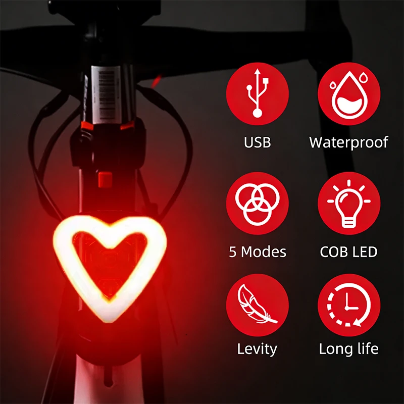 

BUCKLOS Bicycle Taillight Rechargeable MTB Rear Light 5 Mode Cycling Lamp Heart Shape Waterproof Road Bike Tail Light Flash