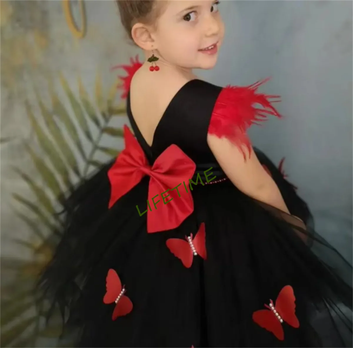 CustomizedRed and Black Baby Girls Gown with Butterflies Toddler Frock Flower Girl Dress Long Tail Kid Birthday Party Gown