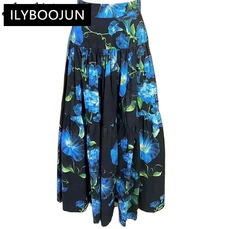 

100% Cotton Skirt Dark Night Blue Morning Glory Flower Vintage Party Long Dresses For Women 2024 Luxury Brand