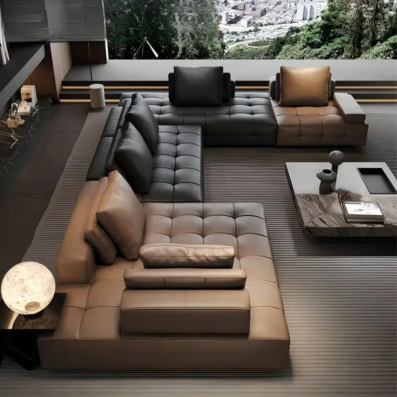 Italian minimalist sofa module combination high-end large flat corner light luxury leather sofa
