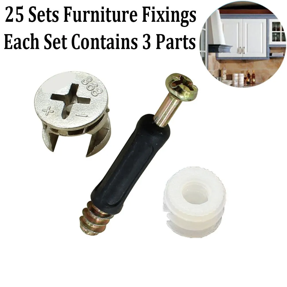 25 Sets 3-in-1 Furniture Connector Cam Lock Bolts Wood Dowels, High Carbon Steel Eccentric Fasteners For Cabinet Drawer Assembly
