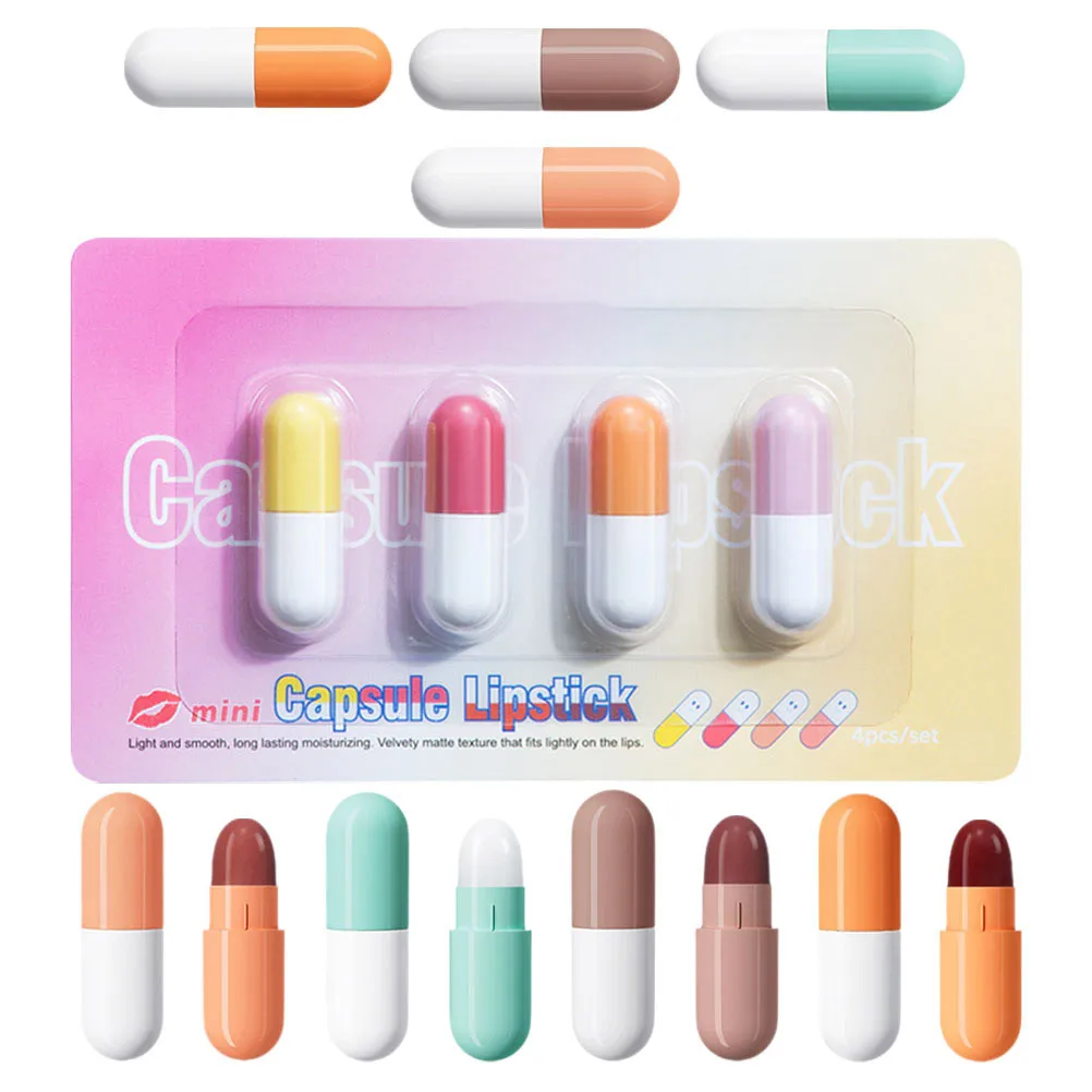 4 Zestawy Matowych Mini Kapsułek z Pomadką Długotrwałe Nawilżające Bezpieczne Pomadki w Kapsułkach z Wosku dla Kobiet Makijaż Powiększający Usta Błyszczyk