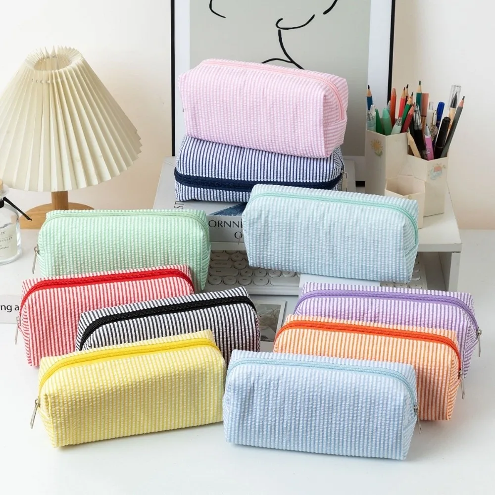 Portable Striped Print Pencil Pouch Polyester Bubble Yarn Zipper Closure Pencil Case Large Capacity Stationery Bag School Office