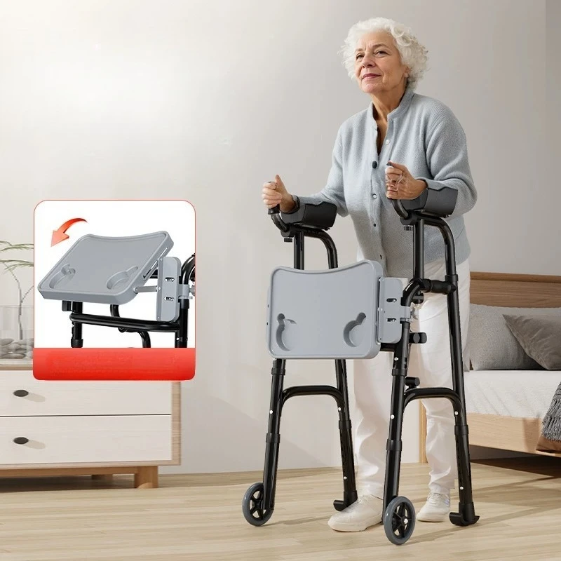 

Stand Upright Walkers with Dining Table for Elderly Foldable Double Arm Support Walker Walking Aids Rehabilitation Equipment